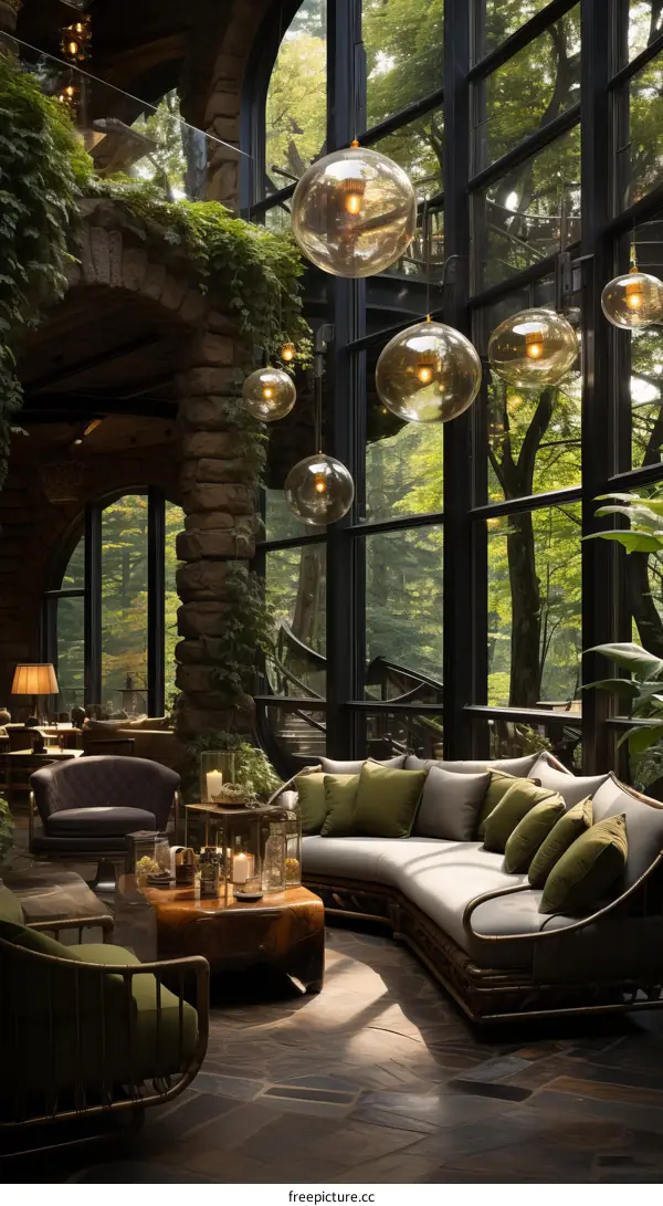 Modern living room interior with large glass windows and green plants