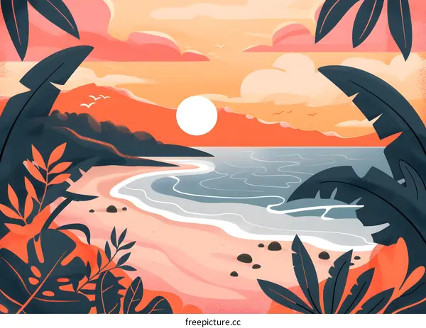 Tropical Sunset Beach Illustration