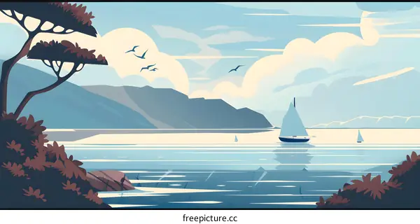 Sailboat on a Calm Sea with Mountain View