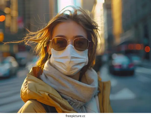 Close-up portrait of a young woman wearing a mask in the city