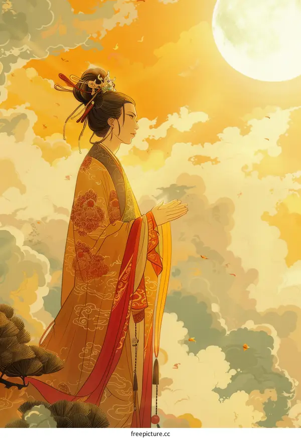 A Chinese woman in traditional costume stands in the clouds with a bright moon in the background