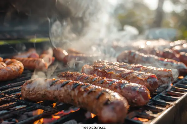 Sausages sizzling on a grill