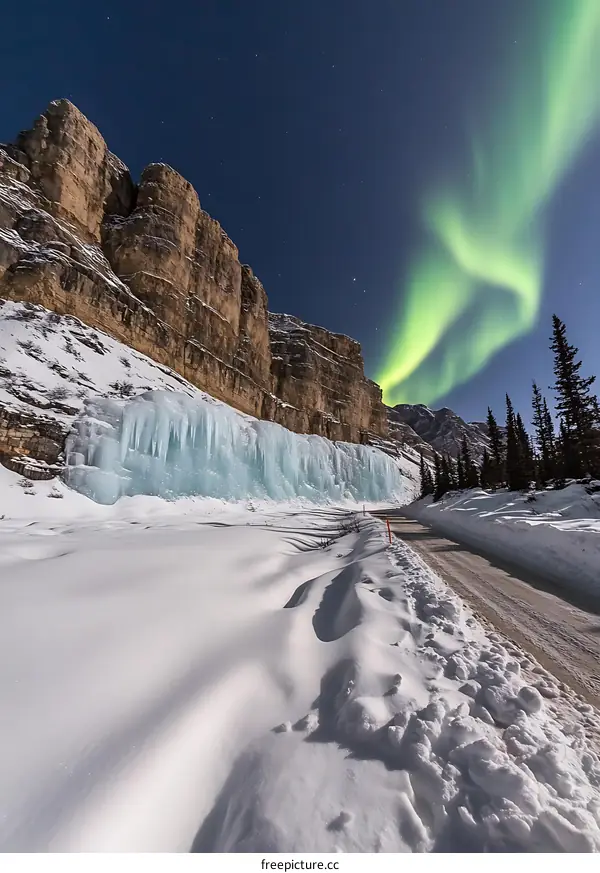 Northern Lights Over Frozen Waterfall and Mountains