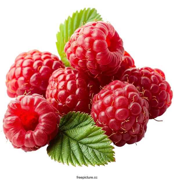 [Transparent Background PNG]Close Up Fresh Raspberries with Leaves