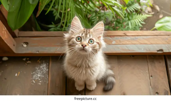 Cute tabby kitten sitting on a wooden floor and looking up
