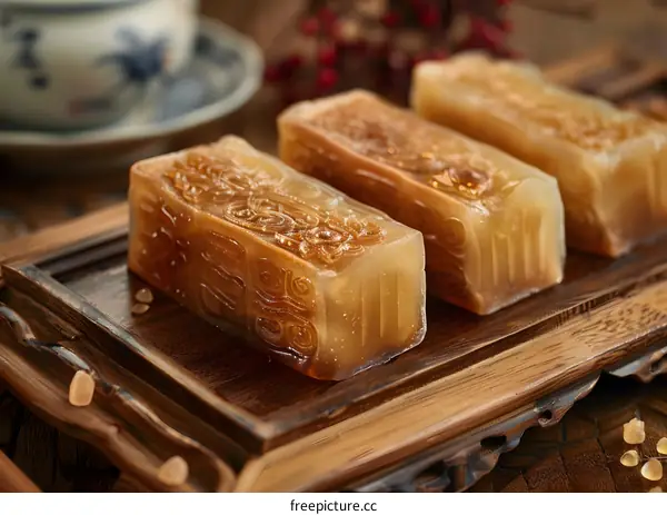Close Up of Three Traditional Chinese Sweets on a Wooden Tray