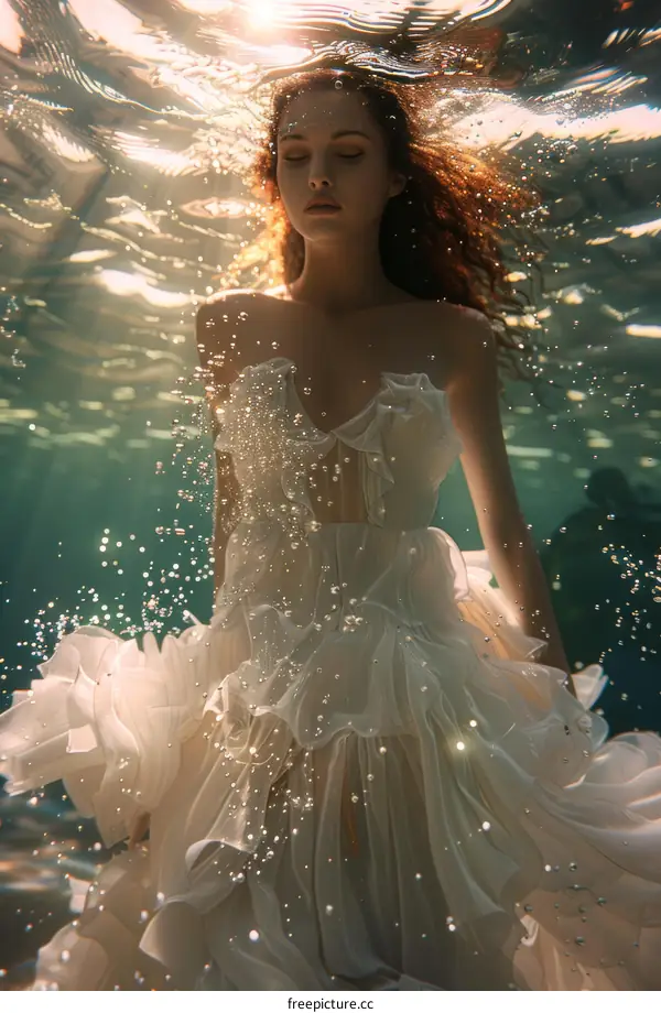 An ethereal vision of a woman in a white dress floating underwater