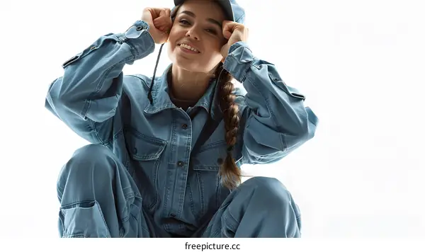 denim fashion model with blonde hair and blue eyes