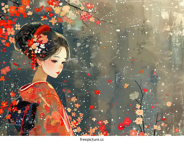 A beautiful Japanese woman in a red kimono standing in a snowy forest