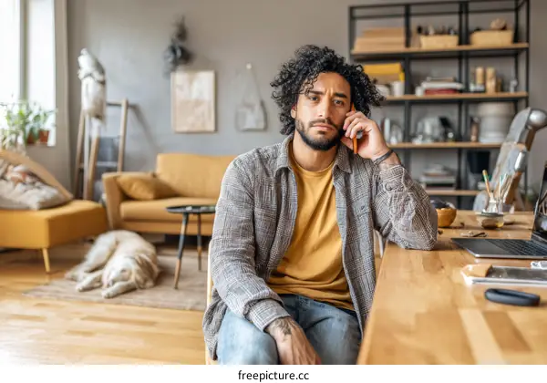 Man Talking on Phone in Modern Home