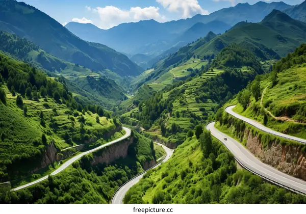 Curvy Mountain Road Through Lush Green Hills