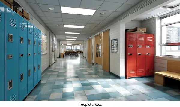 Empty School Corridor with Colorful Lockers