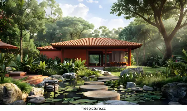 Courtyard of a house with a pond and stepping stones