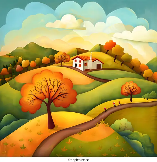 Autumn Landscape with House and Winding Road