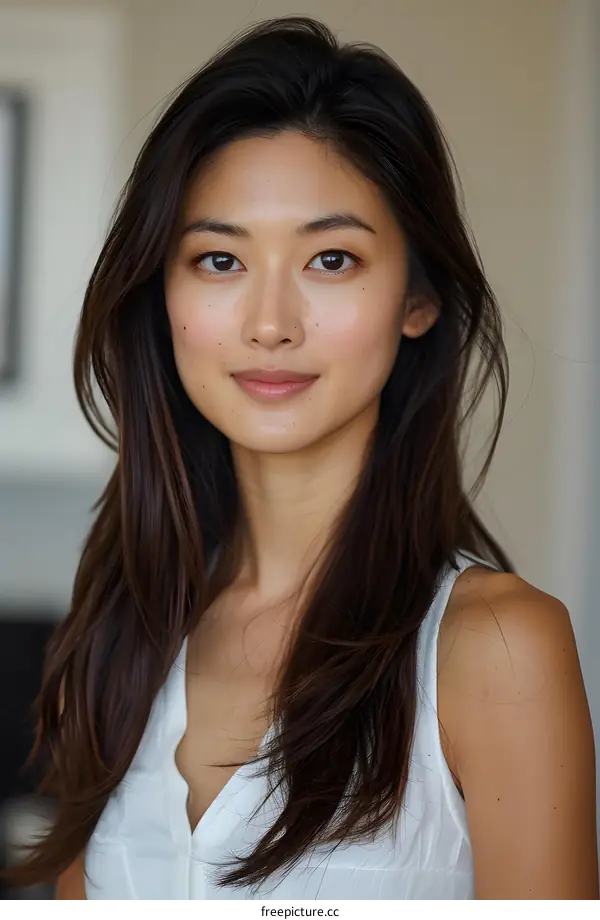 Portrait of a young Asian woman with long dark hair