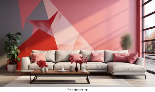 Modern living room interior with sofa and pink wall