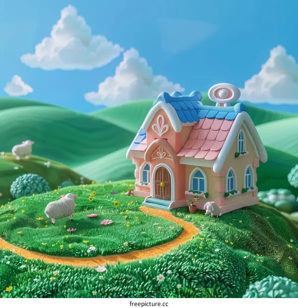 3D rendering of a pink and blue house in a green field