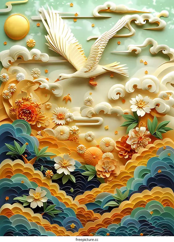 Paper Cut Art Crane Flying Over Floral Ocean