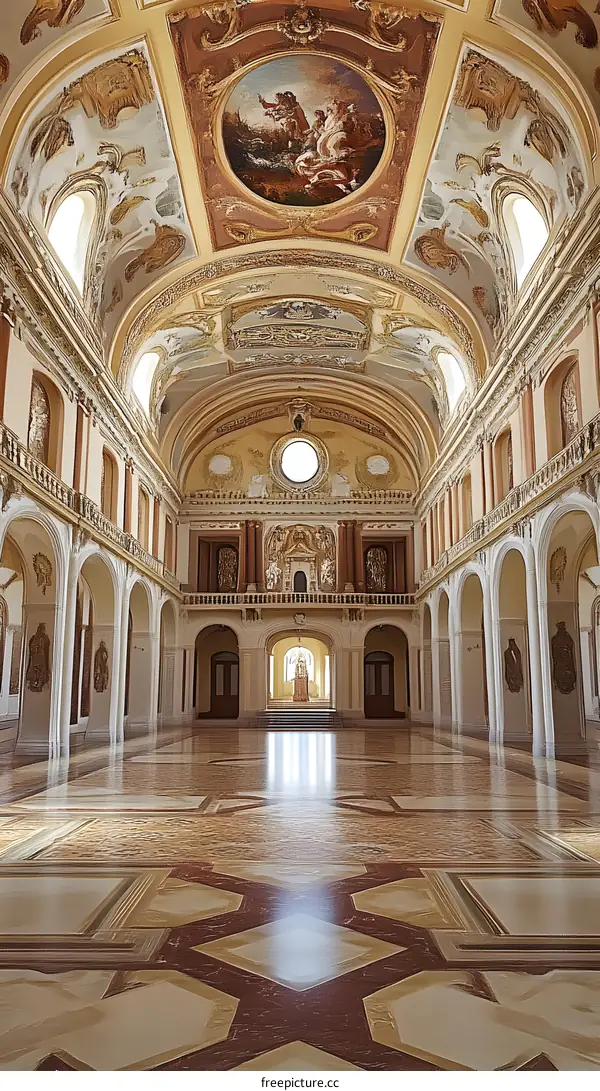 Interior Of An Old Building With A High Ceiling And A Marble Floor