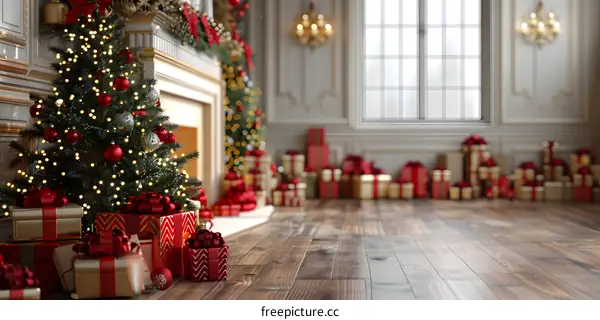 Christmas tree and presents by the fireplace