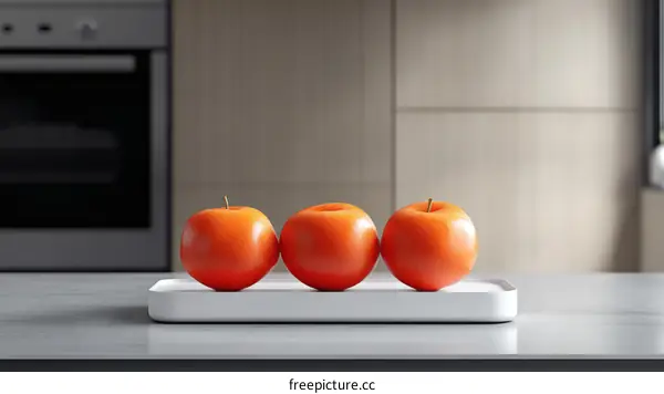 Three Apples on a White Tray in a Modern Kitchen