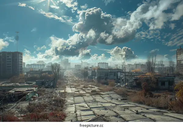 Ruins of an abandoned city with overgrown vegetation