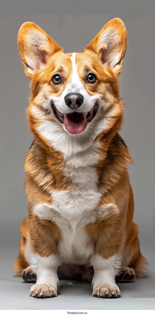 Happy Corgi Dog Sitting Against a Grey Background