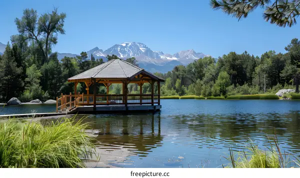 Wooden dock gazebo on a calm lake with snow capped mountain in the distance