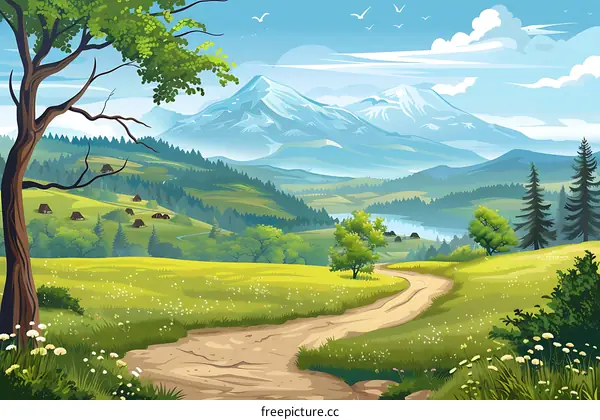 Mountain Landscape with Winding Road and Green Fields