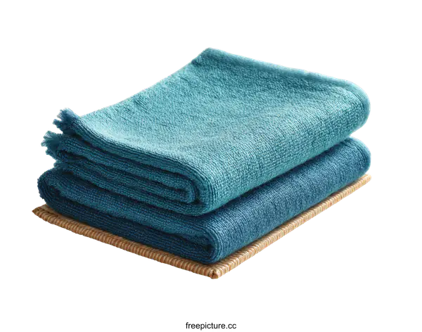 [Transparent Background PNG]Stack of Teal and Navy Blue Towels on a Wooden Placemat