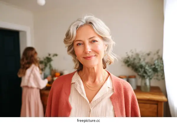 Portrait of a Smiling Senior Woman and a Girl in the Background