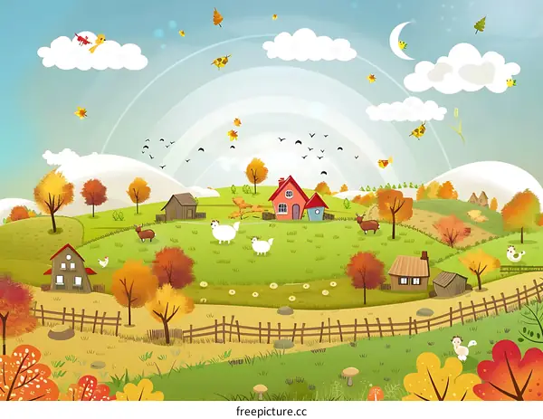 Cartoon Rural Landscape with Autumn Colors and Animals
