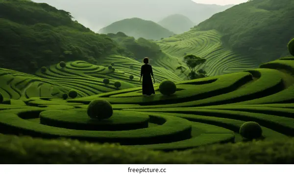 A woman standing in a lush green tea plantation