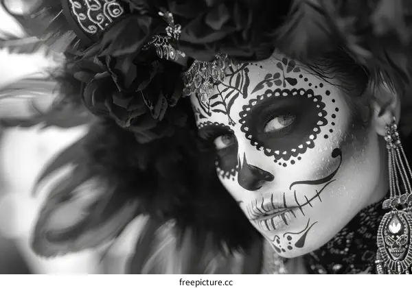 Black and white photo of a woman wearing a traditional Mexican sugar skull mask