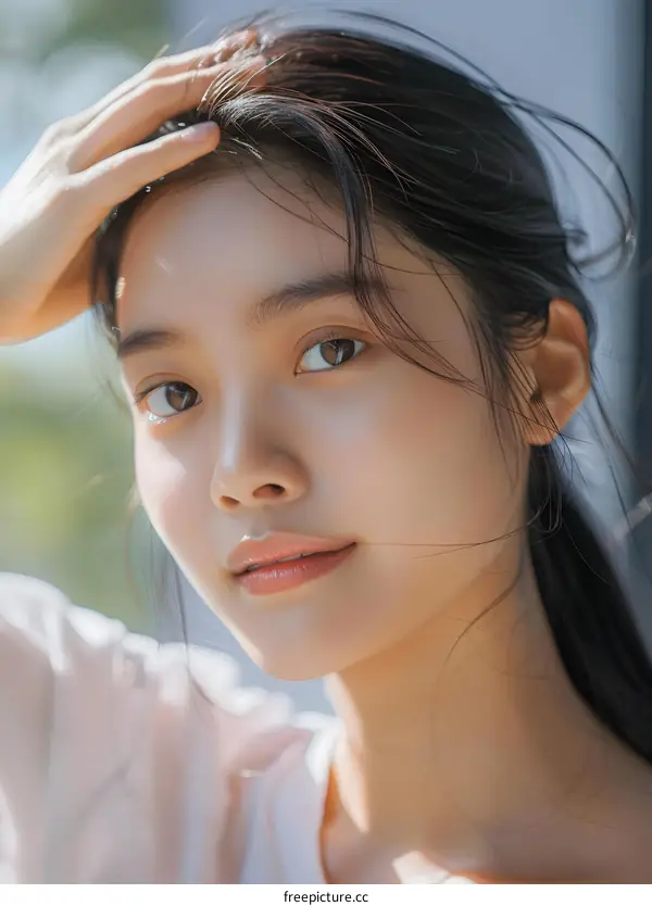 Beautiful Asian Woman with Long Black Hair Looking at Camera