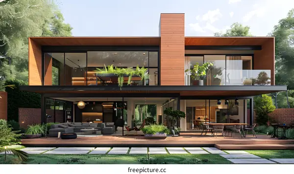 Modern house with large glass windows and wooden elements