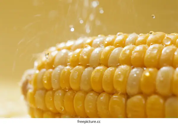 Close-up view of fresh corn on the cob with water droplets