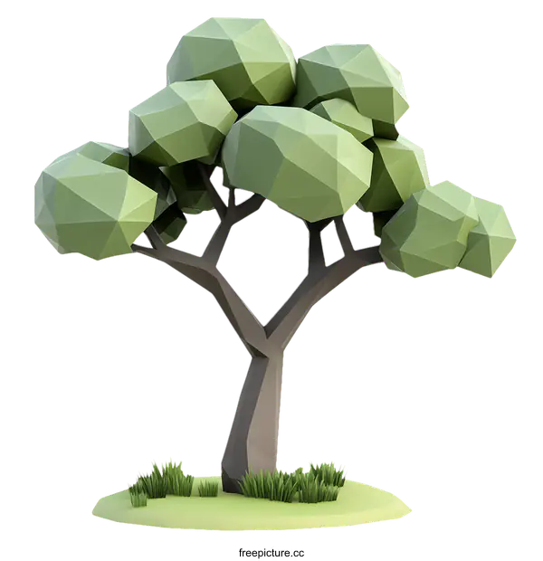 [Transparent Background PNG]Low Poly Tree Illustration with Grass