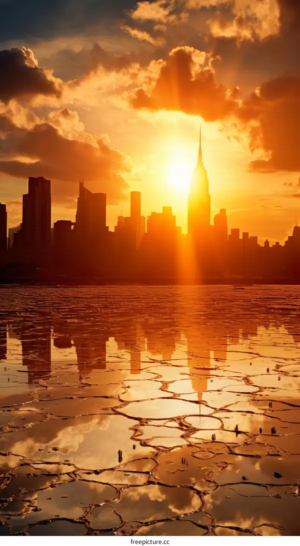 New York City skyline at sunset with frozen river in foreground