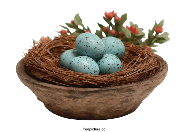 [Transparent Background PNG]Light Blue Eggs in a Wooden Nest Bowl