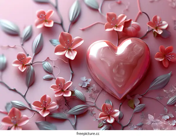 Pink heart with pink and white flowers