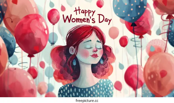 Happy Women's Day illustration with a redheaded woman and balloons
