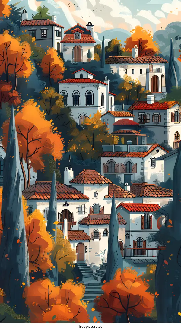 Autumnal Village on a Hillside