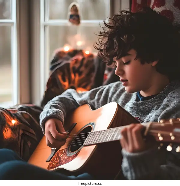 Young Boy Playing Acoustic Guitar by Window