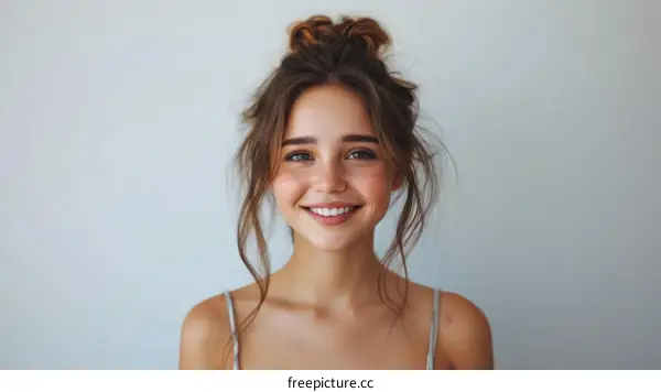 portrait of a young woman with freckles and a bun smiling at the camera