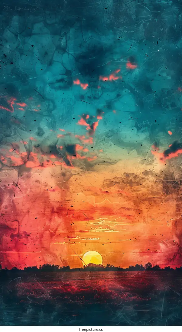 Vibrant Sunset Sky Painting: Blue, Green, and Orange Watercolor