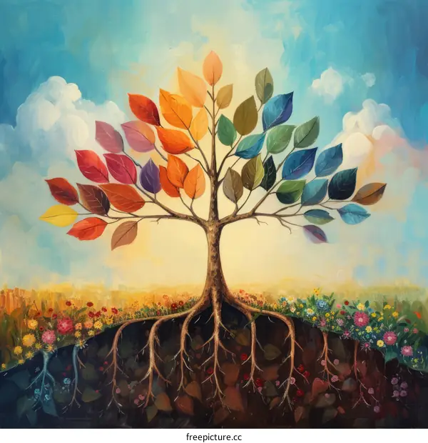 colorful tree of life with roots and flowers