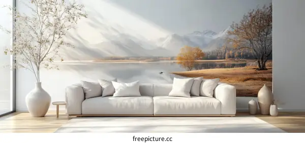 Calm Autumn Mountain Lake Scenery Living Room