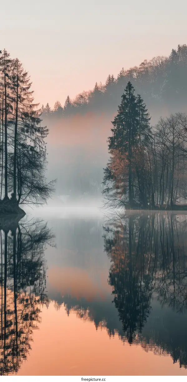 Misty Forest Lake Reflected in Serene Dawn