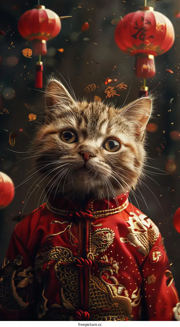 A cat wearing a red Chinese traditional costume with patterns and red lanterns in the background